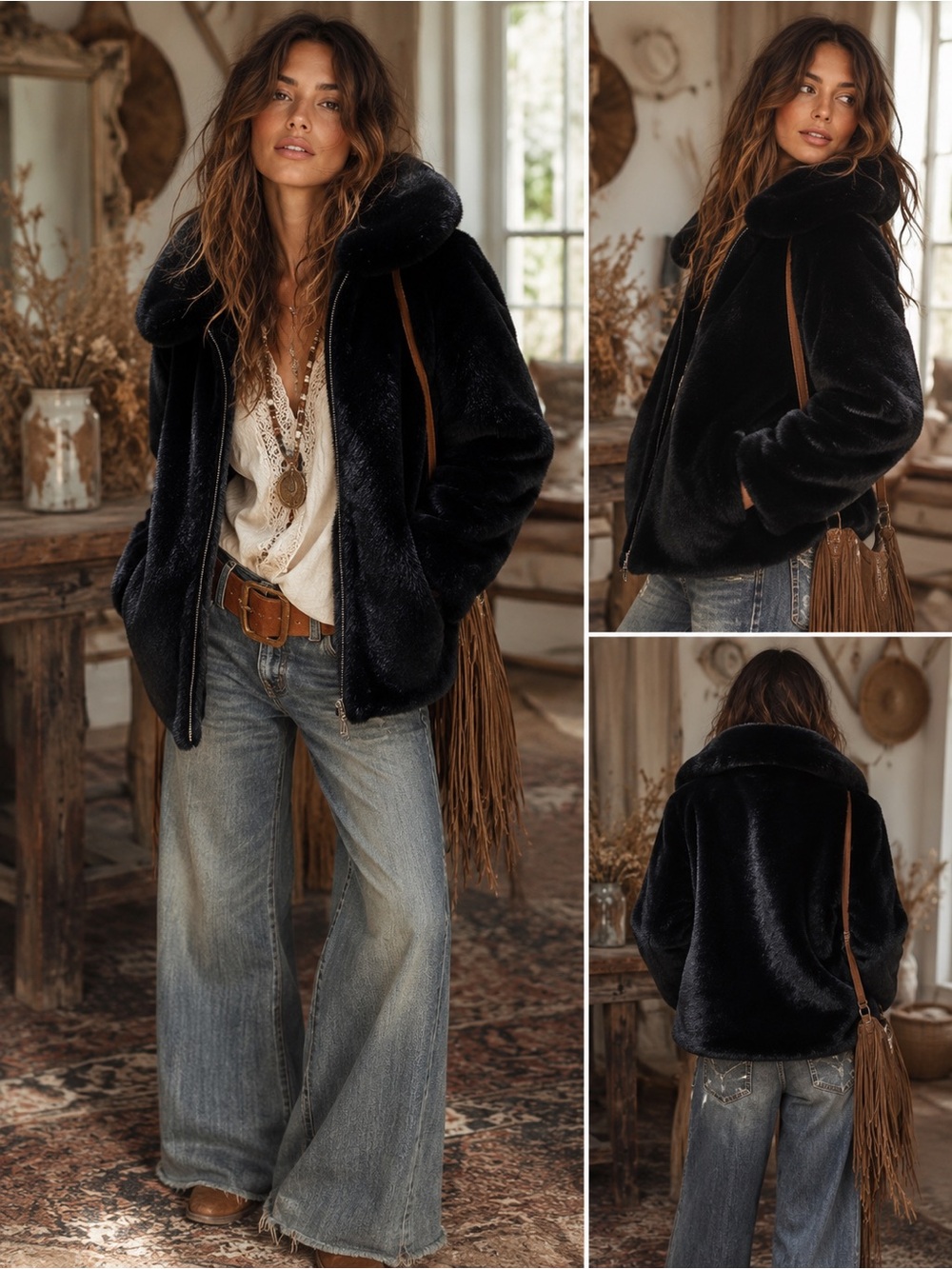 Black Faux Fur Zip Jacket | Plush Teddy Coat Oversized Shawl Collar |Size Small